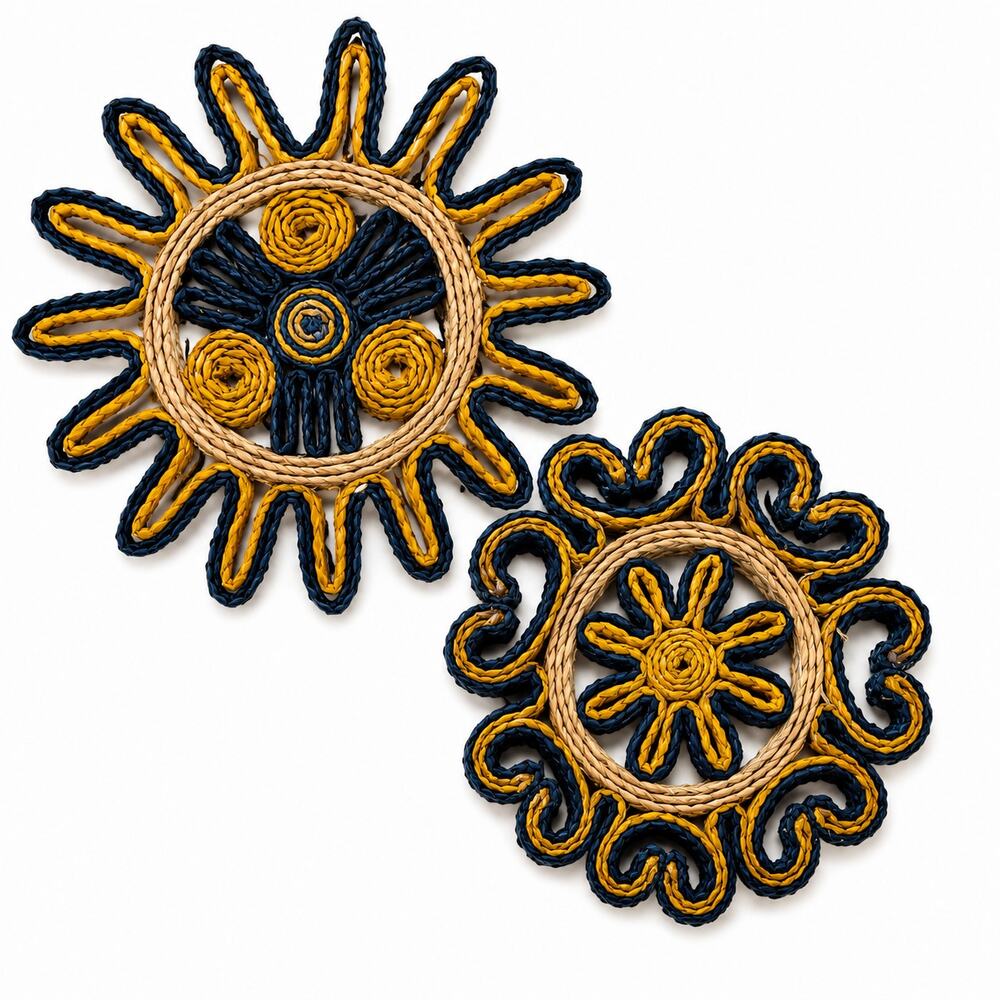 Vintage Woven Raffia Trivets Set Boho Straw Sunflower Kitchen Decor